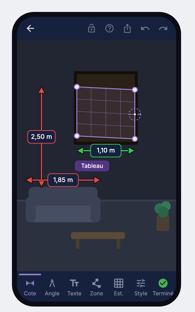 SnapCote avec outils de cotation et mesures de chantier sur photo