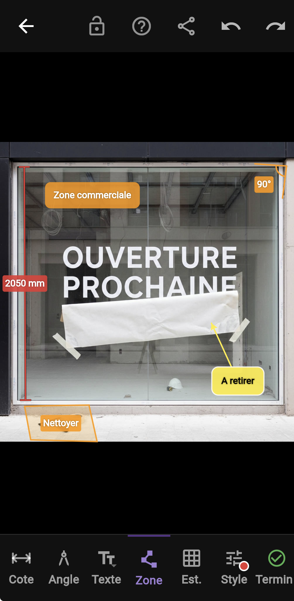SnapCote avec relevé de vitrine commerciale, hauteur, angle et zones annotées